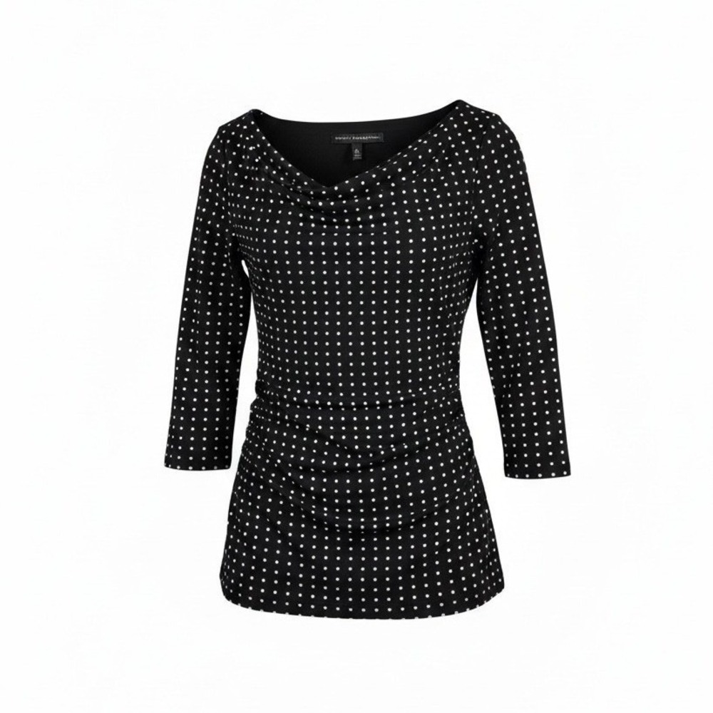 White House Black Market Polka Dot Top Asymmetrical Neckline Black White Size S